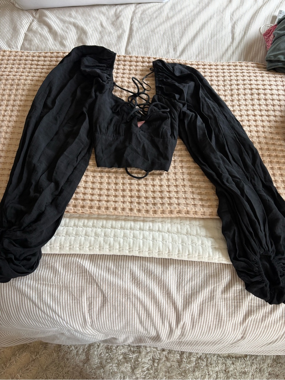 Hello Molly Black Lace-Up Puff Sleeve Crop Top